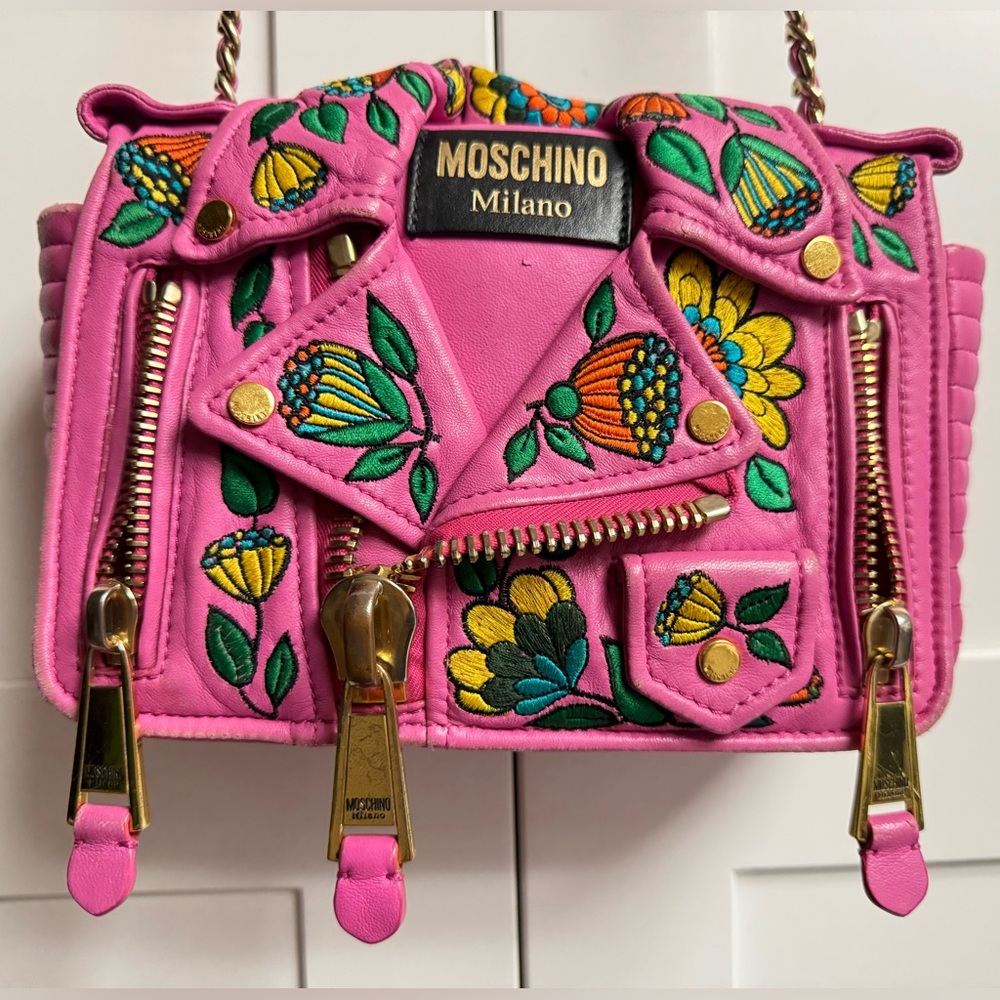 Moschino biker bag crossbody shoulder bag pink leather embroidery